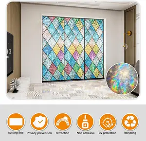 Colorful Rainbow Stained Glass Window Film Non-Adhesive Privacy Film Reusable Decorative for Room Chequered Rainbow 17.5 X 78.7 in with Installation Tools