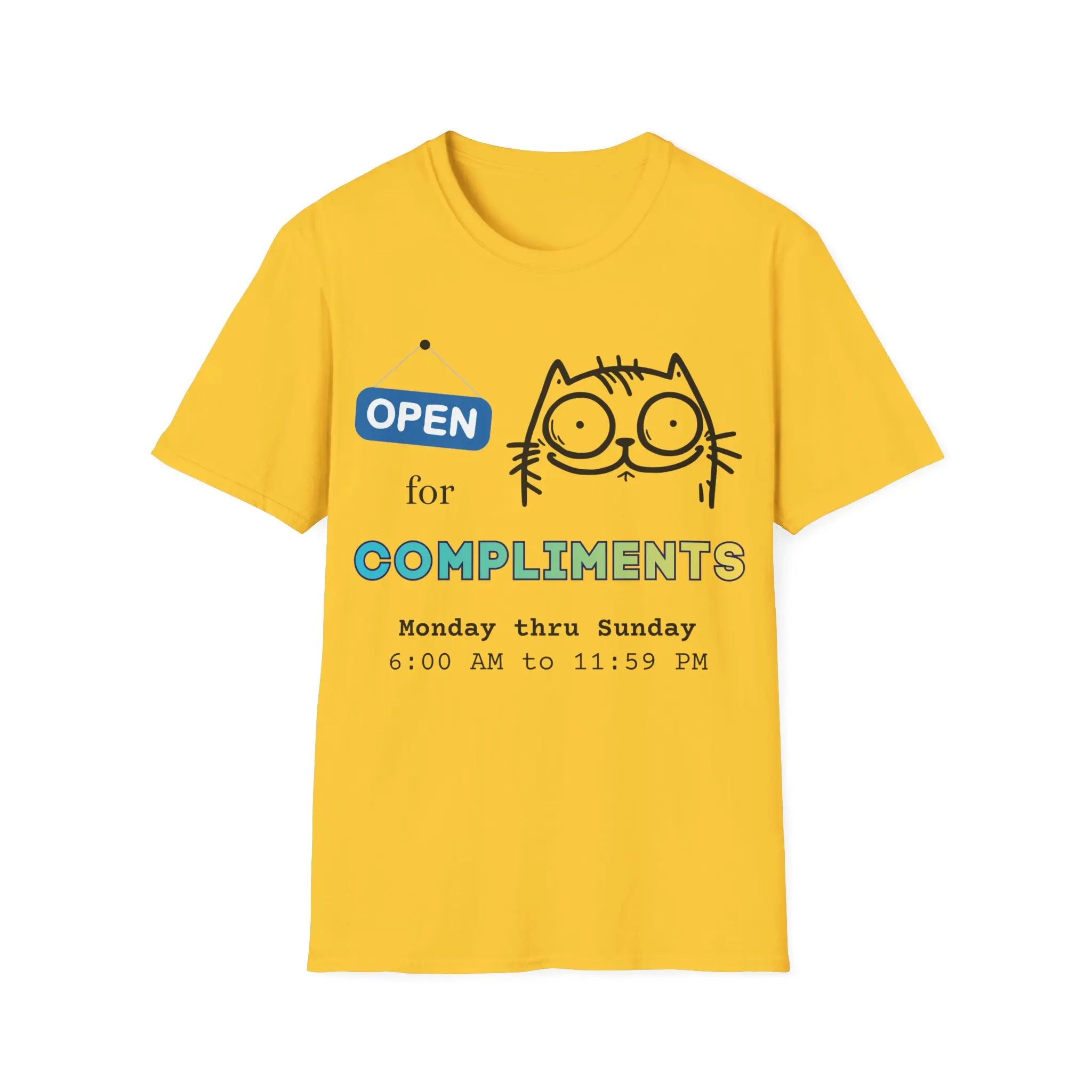 Open for Compliments Cat Shirt Validation Humor T-Shirt Socially Awkward Cat Meme Tee Cute Introvert Graphic Shirt Gildan 64000