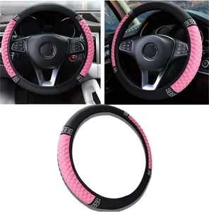 Bling  Steering Wheel Cover, 15 Inch Anti-Slip Wheel Protector for Women Girls, Soft Leather Elastic Steering Wheel Protector,  Interior Accessories for   (Pink)