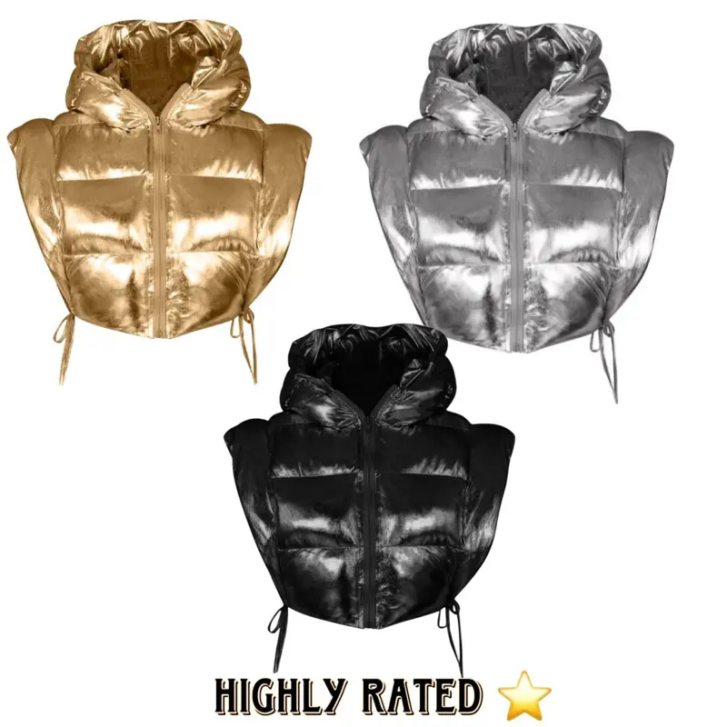 Cropped Vest for Women - Sweet Classic High Neck Hooded Style in a Modest Solid Metallic Finish with Adjustable Lace-Up Sides, All Seasons, True-To-Size, Cute, Party, Gold S, Outfits, Fashion, Short Length, Sexy, Preppy, Elegant, Retro, Everyday, Puffer