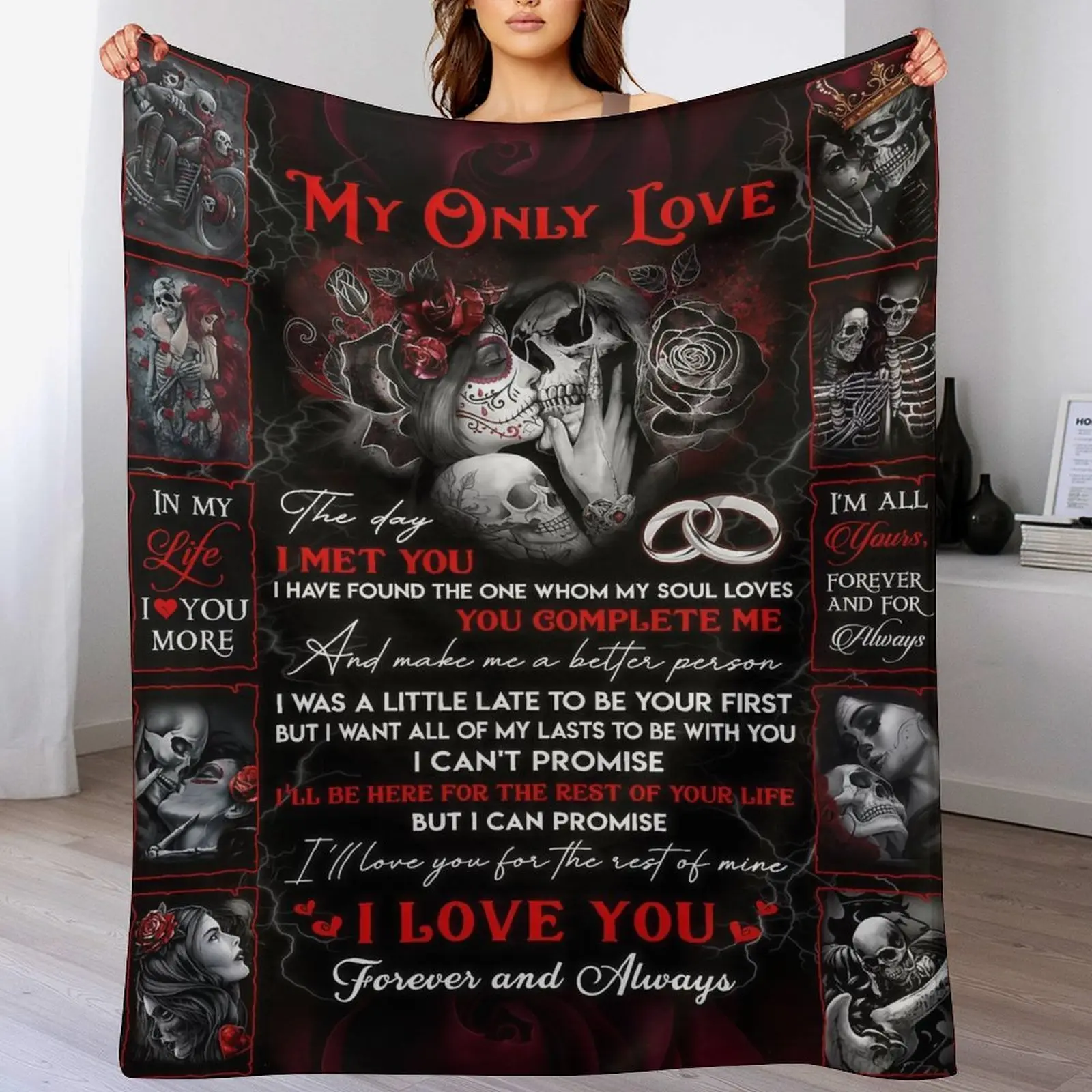 Gothic Skull Couple Flannel Blanket - "to My Lover" Envelope Design with Romantic Quotes, UltraSoft, Lightweight , Perfect for Sofa, Bed, Office, Home Decor ,Camping, or Travel - Ideal Valentine's Day, Birthday, Wedding, Anniversary, Halloween Gift