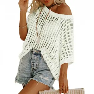 Women's Crochet Tops Summer Short Sleeve Hollow Out Knit Sweaters Scoop Neck Casual Pullover Beach Coverups