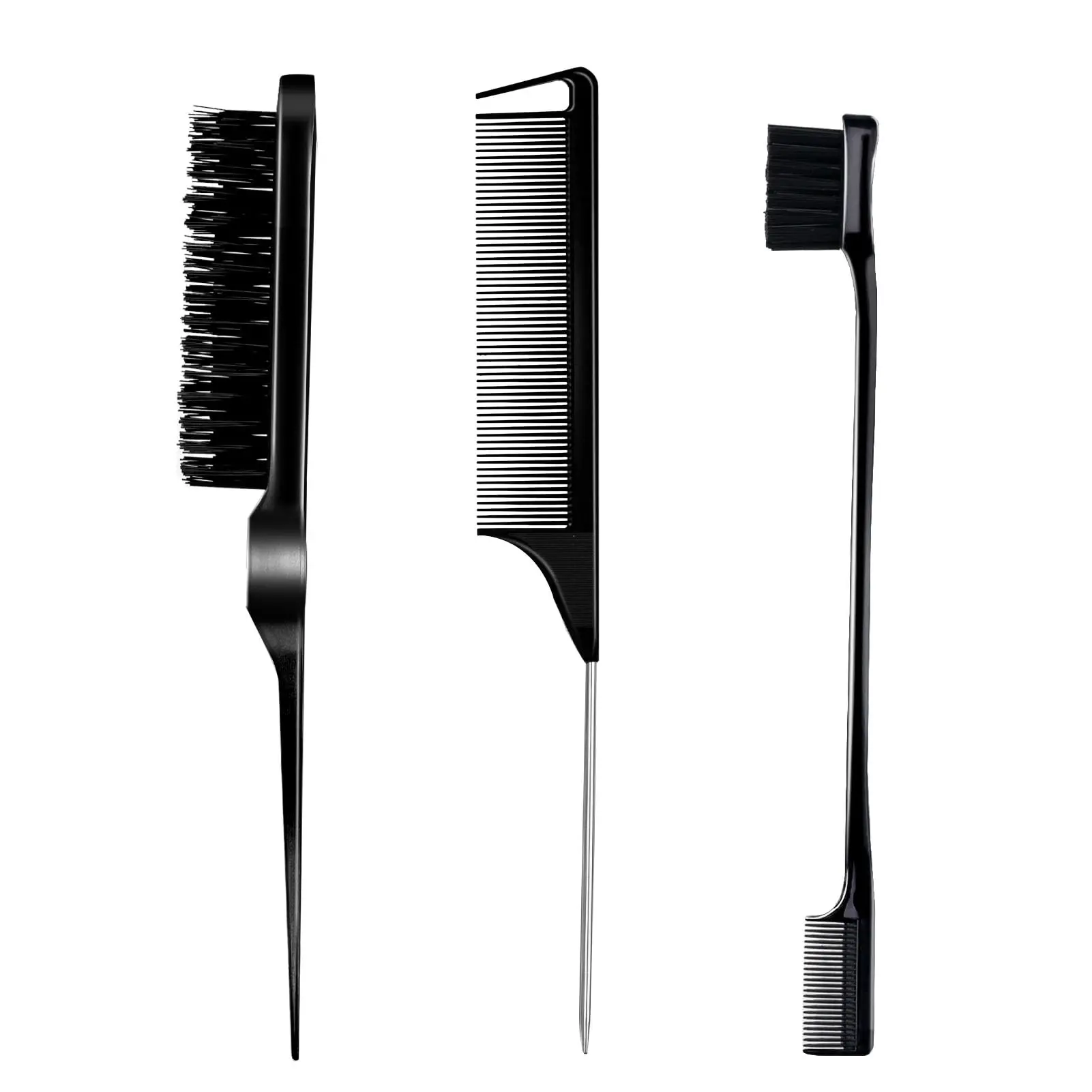 3 Count Comb Set for Teasing Edge and Back Brushing Rat Tail and Edge Combs Hair Stick for Styling Women's Haircare Compact Design Smooth (Black)