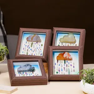 Natural Crystal Healing Energy Gem Agate Photo Frame, Clouds & Raindrops Design, Home Desktop Decoration, Health Gift Idea