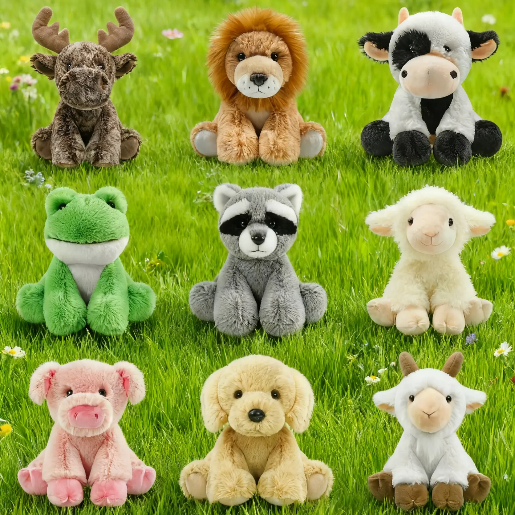 8.5-inch/22cm Sitting animal plush toy Golden Retriever, Reindeer, Lion, Pig, Sheep, Goat, Frog, Raccoon. Soft and fluffy, Perfect as gifts for children Types