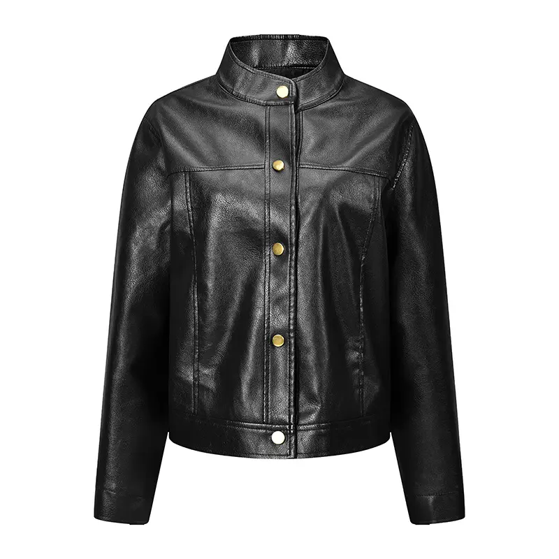 Retro stand collar cropped women’s PU leather jacket, American motorcycle style, soft faux leather, gold hardware, slimming fit for petite figures