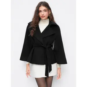 Cider Women's Wool-Look Belted Cloak Coat with Collar, Button Closure and Long Sleeves