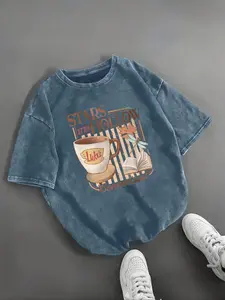Vintage Gilmore Girls Graphic Print Round Neck Washed T-Shirt for Women, Casual Fitted Everyday Style, Trendy and Eye-Catching, Perfect for TV Show Fans, Lady