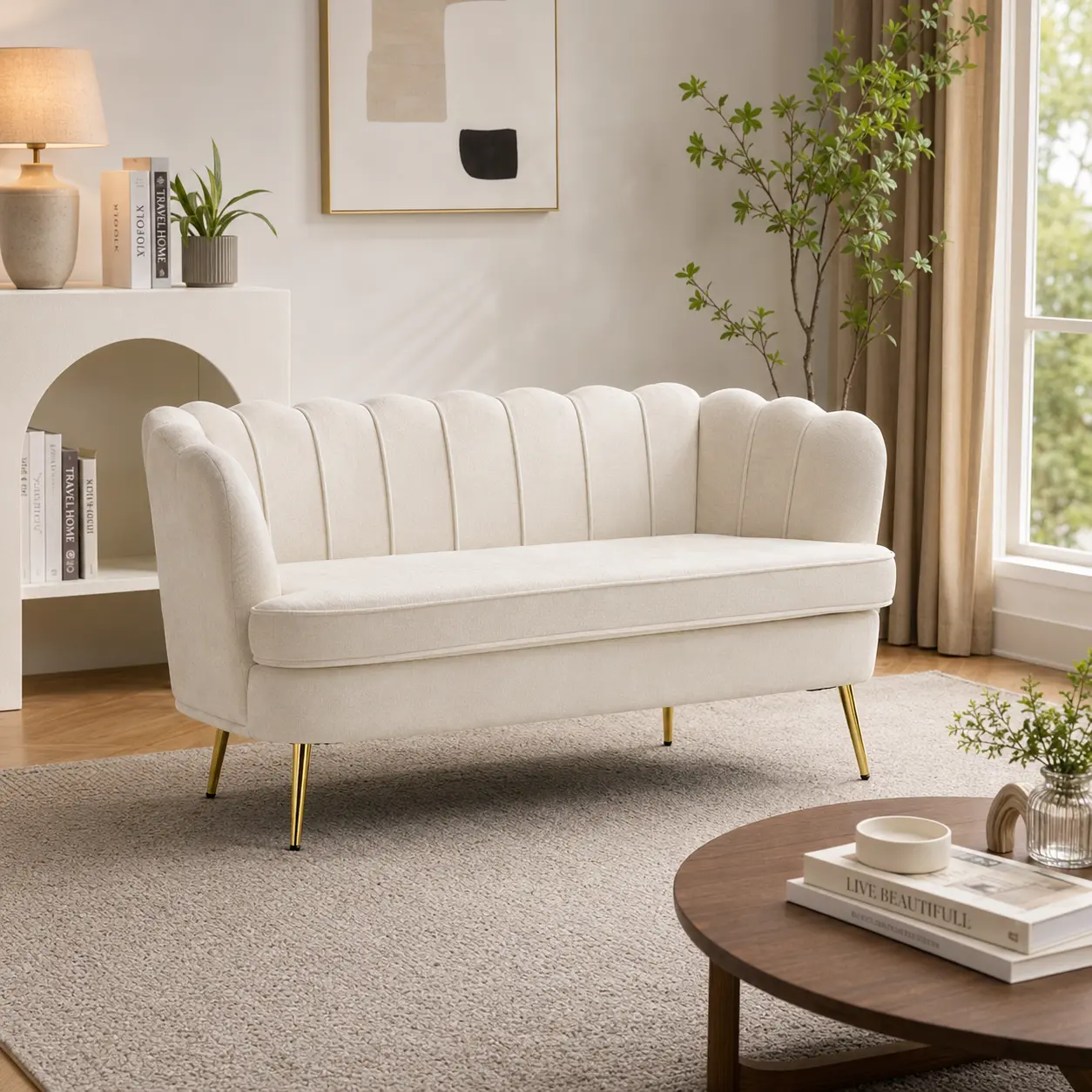 56.9 in Chenille Comfy Couch - Indoor Modern Furniture Accent Sofa Lounge, Upholstered Small Loveseat with Curved Channel Tufted Backrest, Thick Cushioned Seat, Gold Metal Legs, 350 LBS Capacity, for Living Room Small Spaces, Requires Assembly