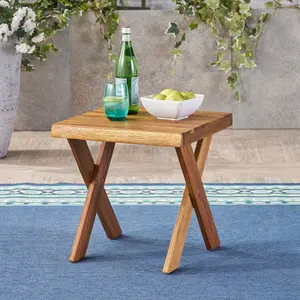  Acacia Wood Side Table – Sandblast Teak Finish, 18" Square x 18.25" H. Classic Cross Base. Rustic & Simple – Perfect for Patio or Backyard. Assembly Required