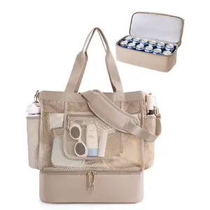 New Beach Bag with Zipper Multi Pocket Sand Proof Beach Tote Bag for Women Foldable and Lightweight