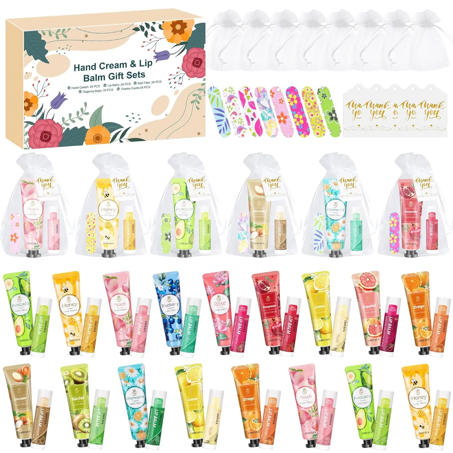 YUEONEWIN 24-Set Bulk Women's Party Gift Sets - Hand Cream Lotion, Lip Balm, Mini Nail Files, Organza Bags, Thank You Cards for Baby Shower, Bridal Wedding Guests