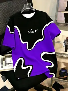 Black and Orange Color Loose T-shirt - Men's Street Wear T-shirt, Bold Color Block Graphic Design, Soft Casual Short Sleeve Round Neck, Fashionable Y2K Aesthetics, with Signature Logo, Very Suitable for Urban Clothing.