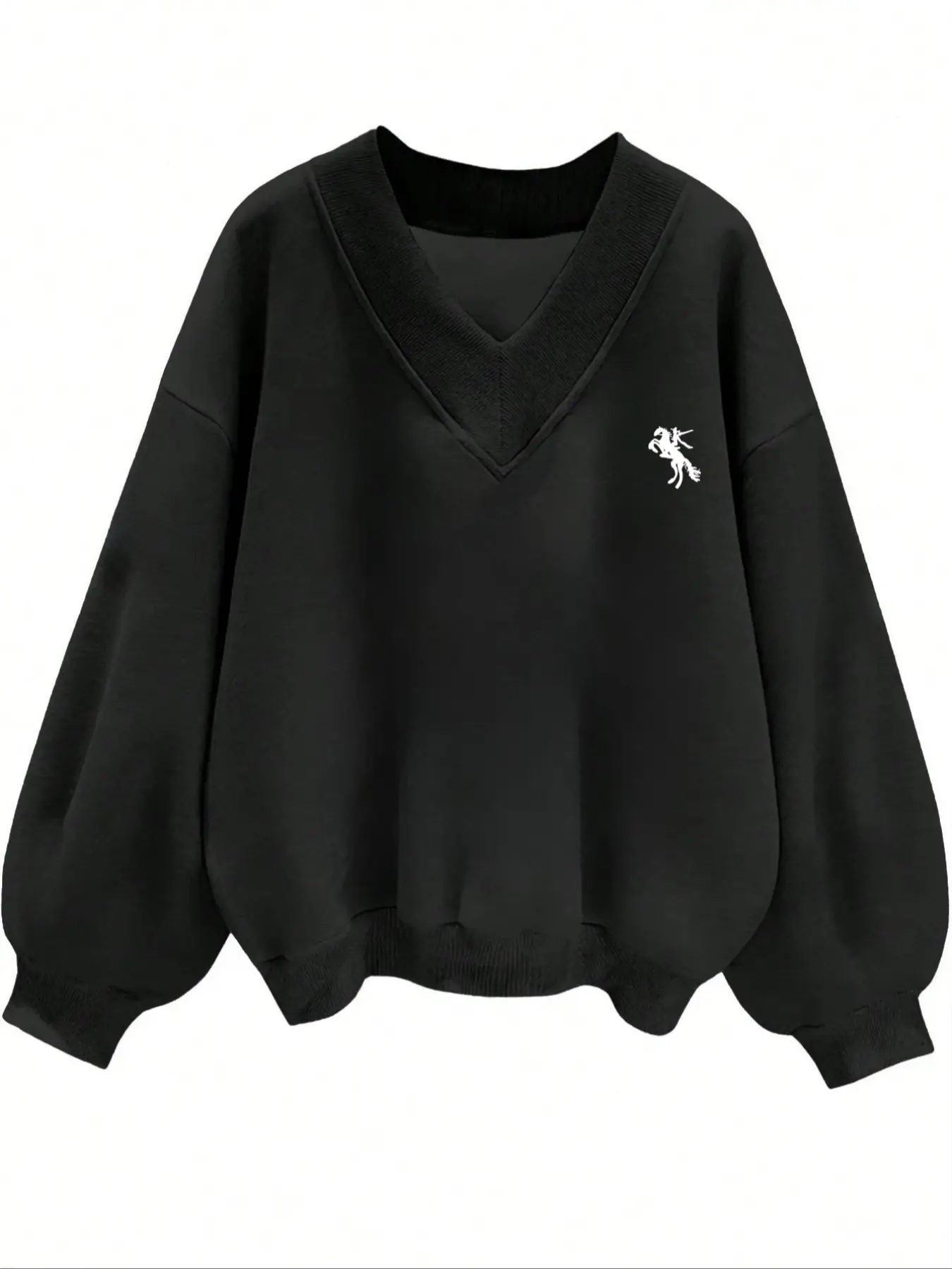 Women's V Neck Knight Print Pullover Sweatshirt, Loose-Fit Thick Fabric, Fall & Winter Fashion, Comfortable and Stylish