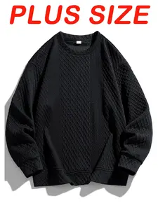 Men's Spring & Fall Round Neck Jacquard Sweatshirt, Casual Long Sleeve Loose Fit Korean Style, Plain Pattern, 1xl-5xl Large Sizes, Tops