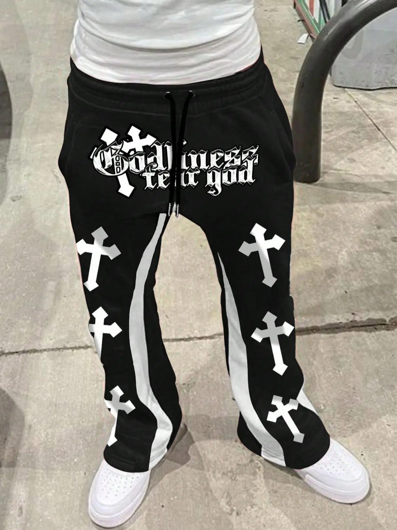 Men's Cross & Letter Print Drawstring Waist Flare Leg Pants, Casual Comfy Pocket Trousers for Fall & Winter, Men's Bottoms for Daily Wear, Elegant Fashion Trousers, Casual Streetwear Trousers, Adjustable Drawstring Pants, Casual Stylish Clothing