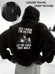 American Street Style Welder-Themed Hooded Jacket, Hoodie Sweatshirt, Graphic Hoodies, The punny "I Know I'm On Fire" copy, welder spark print full of industrial texture, loose fit fits daily scenarios, for construction commutes or friend gatherings