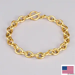 Woman 18K Gold Plated Stainless Steel Rolo Link Chain Bracelet Bangle Toggle