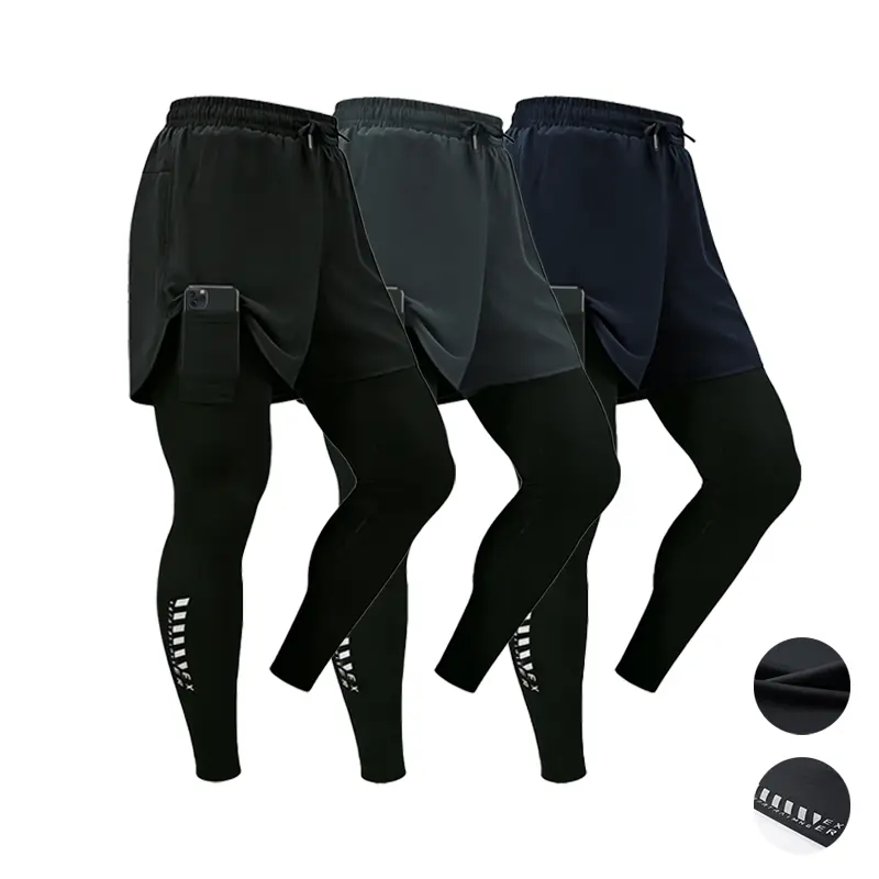 Men’s faux two-piece high-stretch quick-dry athletic pants set featuring a double-layer fabric and a drawstring adjustable waistband; suitable for fitness and training, ideal for men who enjoy weightlifting., Athleisure Style