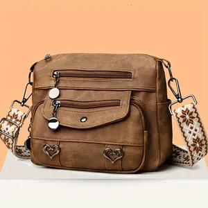 Women's Vintage Bohemian Crossbody Bag with Heart Charms - Adjustable Wide Strap, Large Capacity Soft Shoulder Bag for Daily Commute & Shopping, Multi-Color Options , Everyday Shopping Accessory Valentine's Day Gift SpringStatement