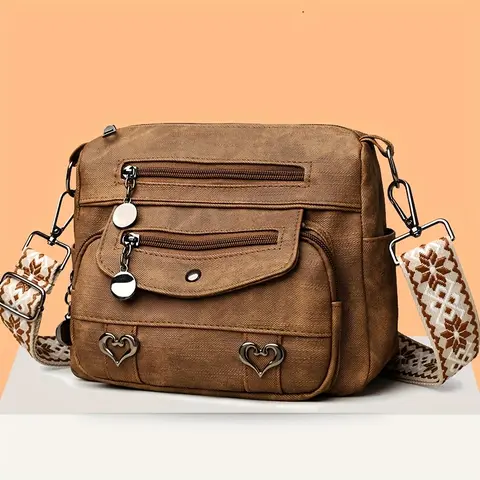 BIGWIG Women's Retro Paisley PU Crossbody & Shoulder Bag - Adjustable Dual Straps, Wide Strap, Heart Charms, Anti-Theft, Lightweight, Roomy 9.06" x 5.12" Fits Daily Musts, Soft Waterproof, Valentine's Day Commute/Shop Accessory