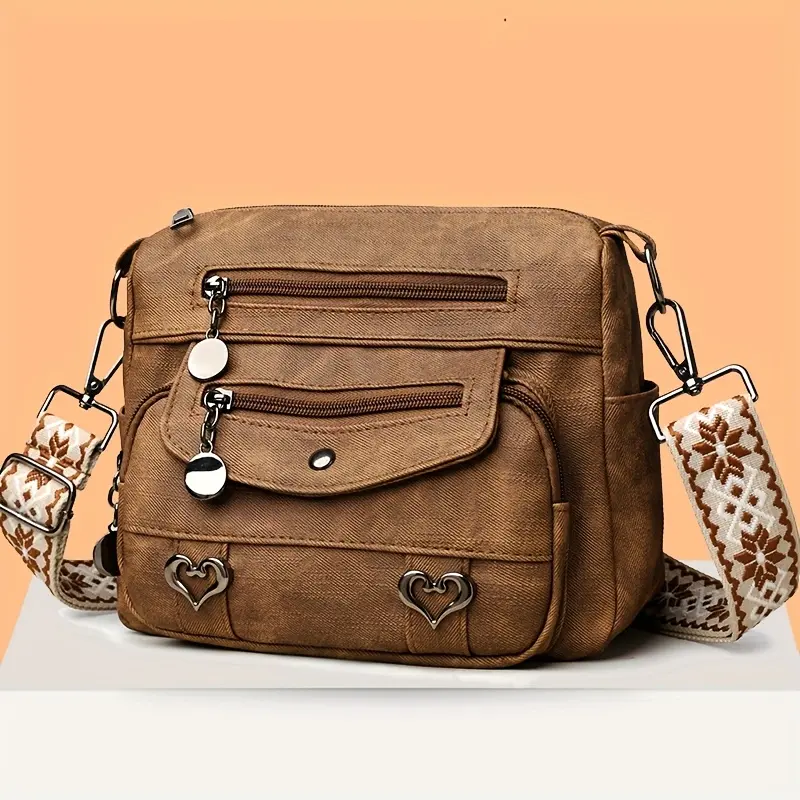 BIGWIG Women's Vintage Bohemian Adjustable Dual Crossbody & Shoulder Bag - Heart Charms, Wide Strap, Large Capacity Soft Casual Bag, Everyday Purse for Daily Commute, Multi-Color Valentine's Day Accessory for Women, Casual Shoulder Bag, Shoulder Bags