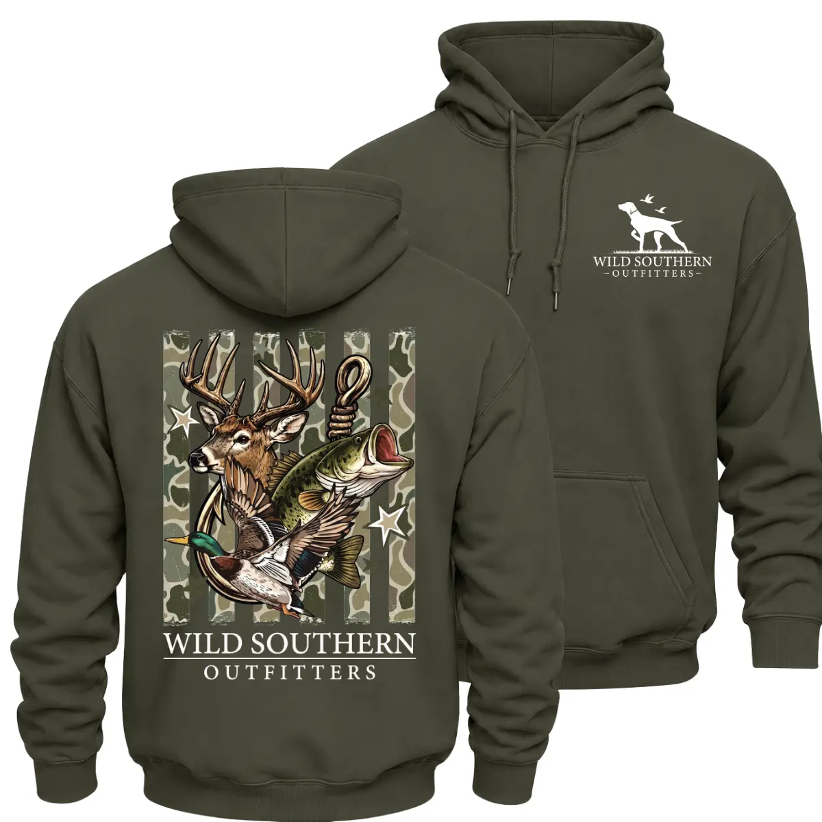 Wild Southern Outfitters Hunting and Fishing Hoodie, Whitetail Deer Largemouth Bass and Mallard Duck Graphic Pullover, Front Chest Logo and Large Back Print Outdoor Sportsman Apparel, Hunter Angler Gift for Men and Women