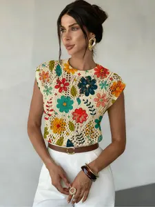 Floral Print Round Neck Sweater, Spring Summer Fall Casual Sleeveless Knitwear, Comfortable Warm Women's Clothing, Hollow Design