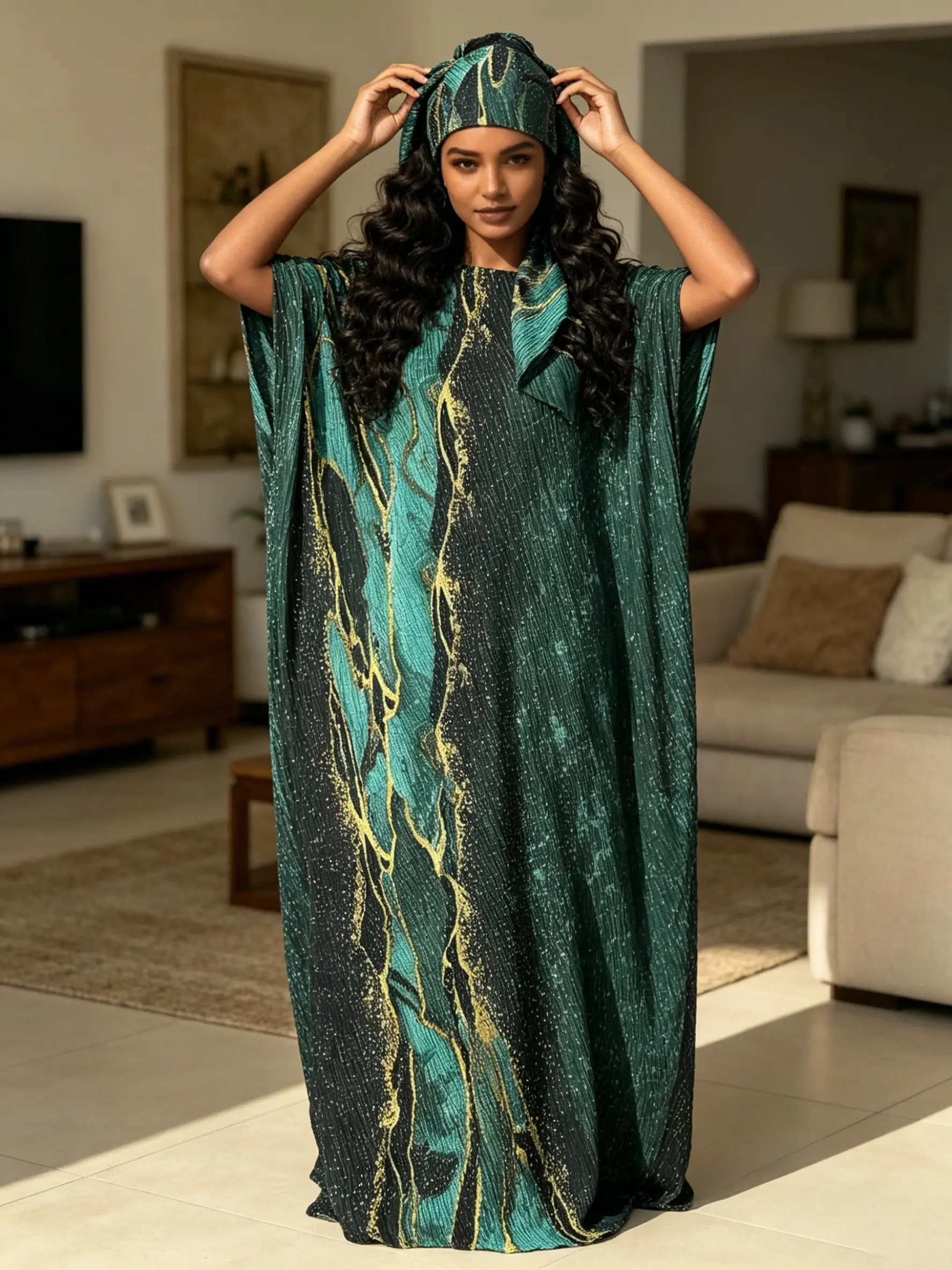 1 robe+1 scarf Deep green rhinestone marble print long robe dress set with oversized boat neck and loose flesh covering long dress+1 scarf, luxurious, Elegance, Chic and light vacation style long dress Women