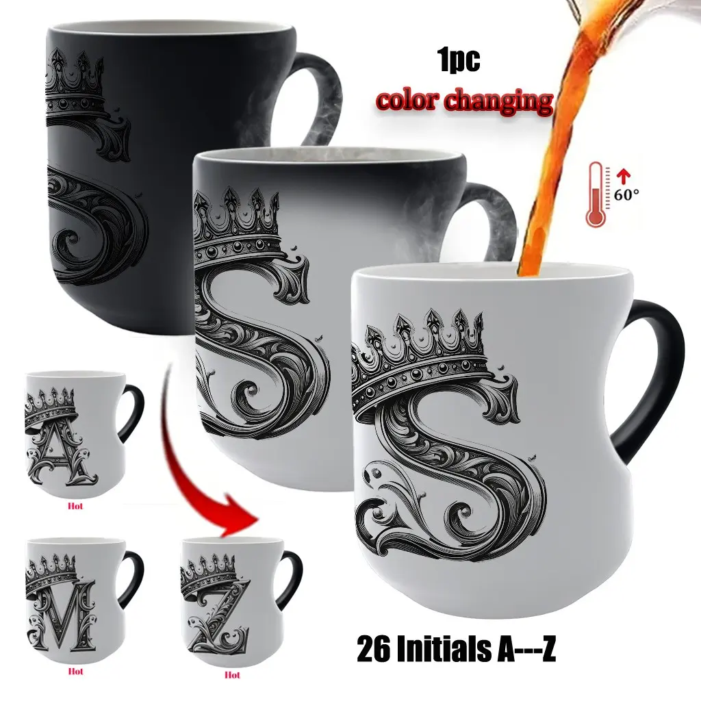 Color Changing Mug A-Z Initial Heart Coffee Cup, Retro Palace Crown Letter Thermosensitive Ceramic Mug, 11 Oz/330 Ml, Elegant Gift Cup, Ceramic Drinkware, Ceramic Classic Drinkware, Coffee Mugs
