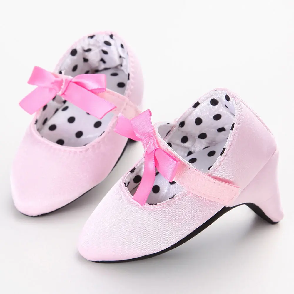 Infant Baby Girls Princess Shoes with High Heels Bowknot Soft Sole Crib Shoes for Newborn Photography Props Toddler Clogs in Pink/Black/Red/Leopard Prints, Low Top Shoes, Bowknot Design Shoes, 0-8Mths