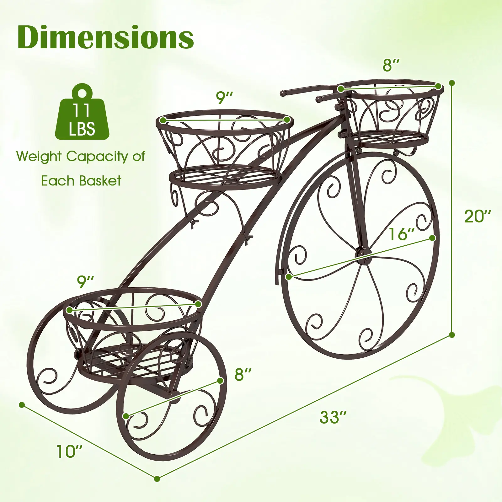 COSTWAY - Tricycle Plant Stand Flower Pot Cart Holder with 3 Hollowed Baskets-Bronze