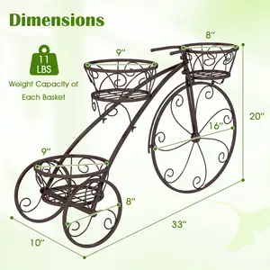 COSTWAY - Tricycle Plant Stand Flower Pot Cart Holder with 3 Hollowed Baskets-Bronze