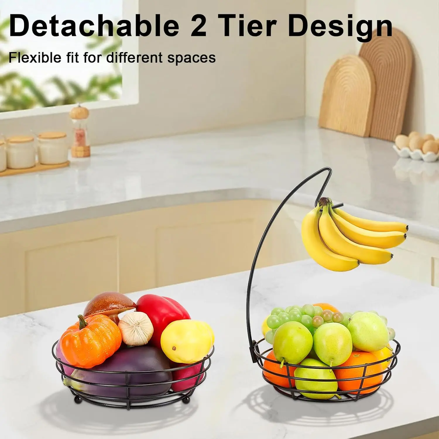 2 Tier Fruit Basket with Banana Hanger – Stackable Metal Fruit Bowl Organizer for Kitchen Counter | Large Capacity Storage for Fruits & Vegetables