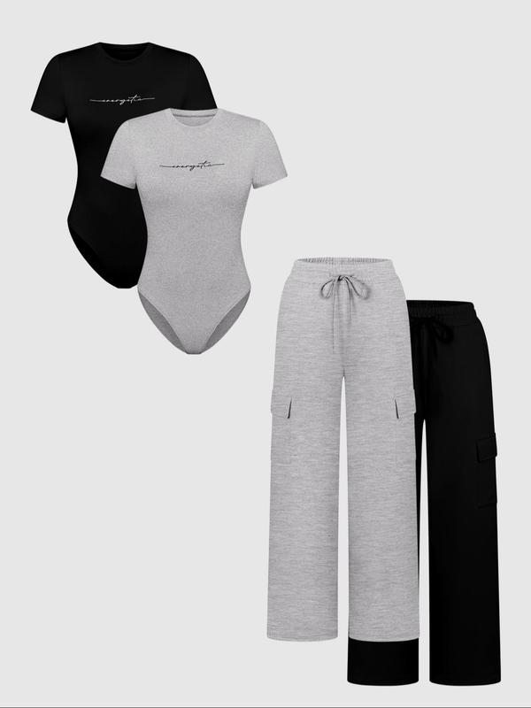 Women's Knit Letter Print Two-Piece Set, Casual Fitted Short Sleeve Jumpsuit & Long Pants, All Seasons Fashion