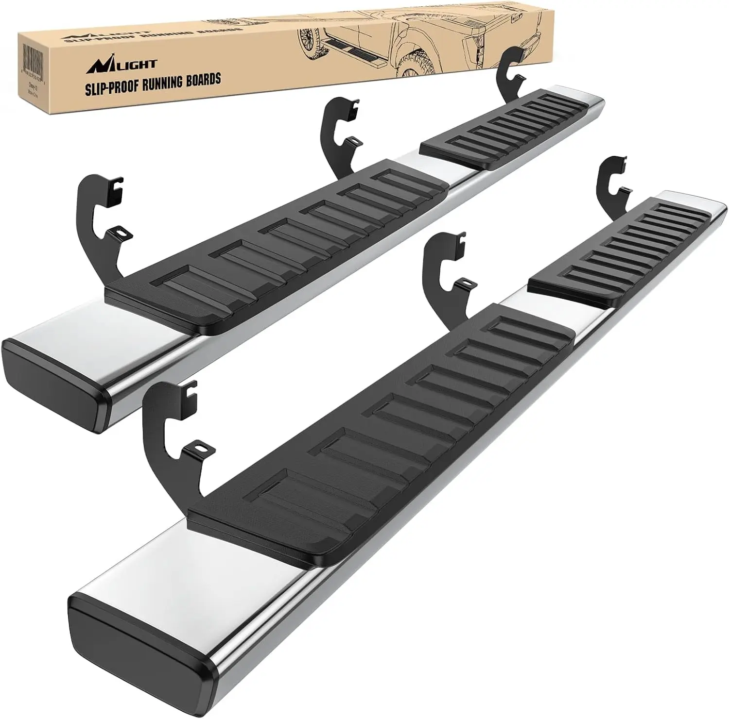 Nilight 6-in Stainless Steel Bolt-On Truck Running Boards - Nerf Bars with Tow Hook Mount Plate, Vehicle Side Protection, Slip-Proof, Compatible with 2019-2024 Chevy Silverado/GMC Sierra 1500 Crew Cab, 2020-2024 2500HD/3500HD, 6 Inches, 450 Lbs Per Step B