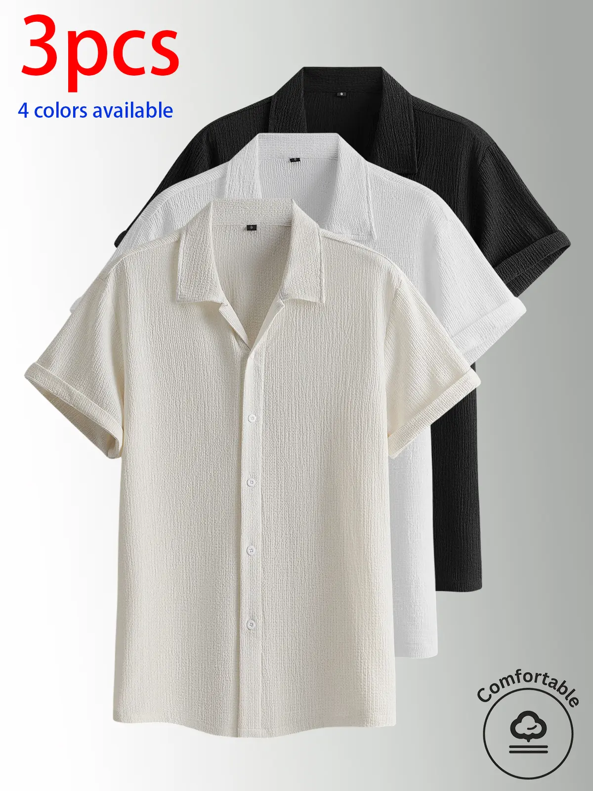 3-pack men’s short-sleeve shirts, men’s shirts.Features stretchy spandex fabric, solid color lapel design with single-breasted button closure; loose fit that flatters the figure, comfortable and breathable with a lightweight feel—versatile for home, casua