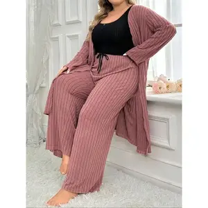[Plus Size] Solid Crop Top & Wide Leg Pants & Open Front Long Sleeve Outwear Loungewear Three-piece Set, Casual Comfy Pyjama Set for Women, Women's Sleepwear for All Seasons