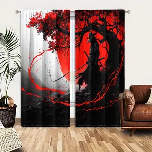 2pcs Window Curtains, Home Decoration Curtain, A samurai in black stands beneath a gnarled, red-leafed tree, bathed in the glow of a crimson sun, Blood-red streaks complete this intense, stark scene, Rod Pocket Window Treatment