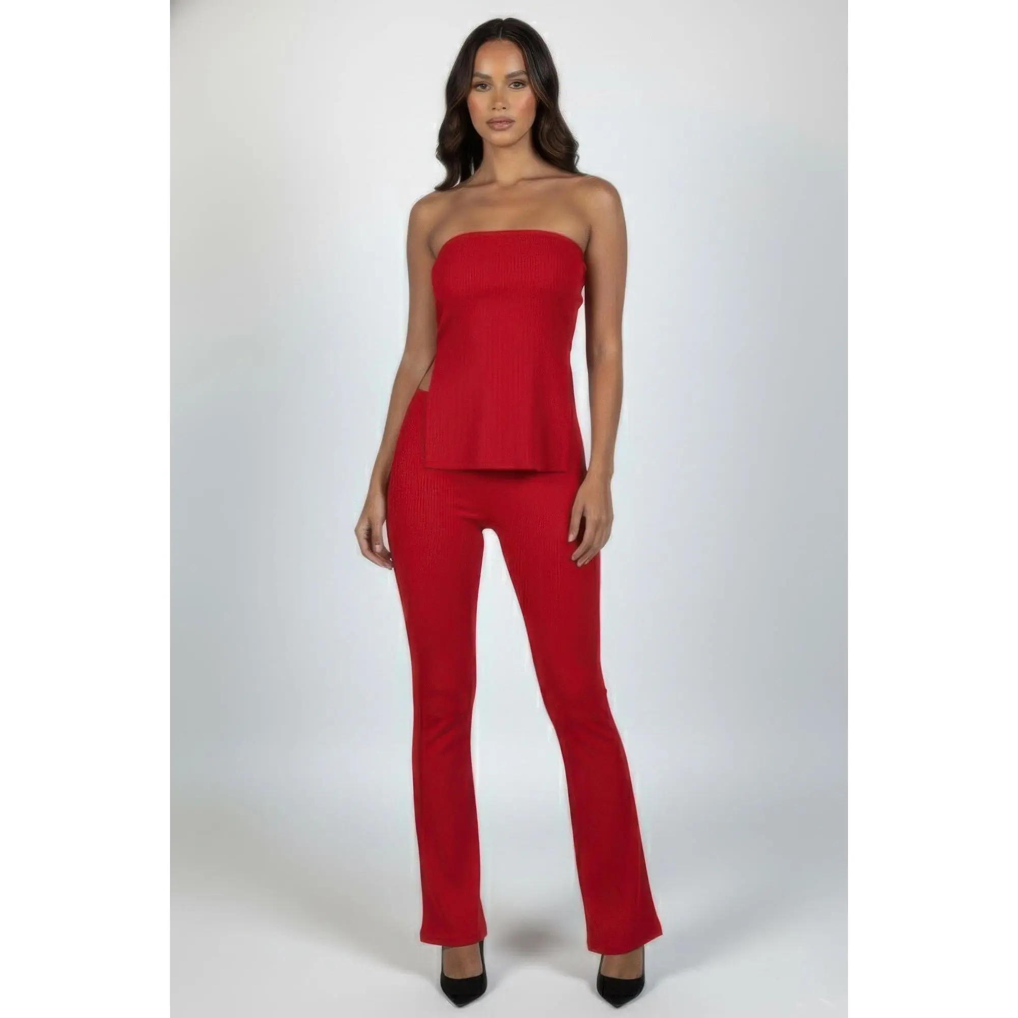 Ribbed Slit Tube Top & High-waist Flare Pants Set