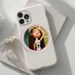 Dramatic Brunette Doll Phone Grip, Pink Glitter Round Phone Holder, Glam Fashion Girl Phone Stand, Cute Accessory Gift