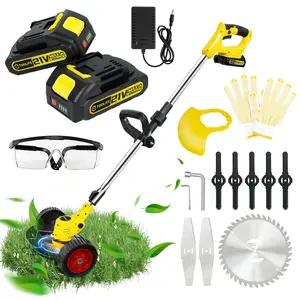 Foldable Lawn Mower Cordless on Wheels, Handheld Electric Lawn Trimmer Battery Powered 21V, Adjustable Height Lawnmowers with 2 Batteries