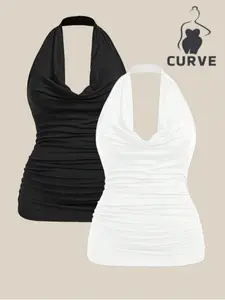 Plus Size Summer Pure Desire Halter Neck Ruched Comfortable Fashion Slimming Sleeveless Tank Top, Casual Fitted Plain Two-Piece Set for Women