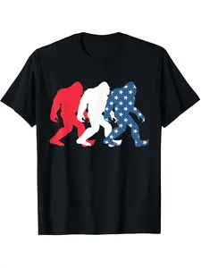 Men'S 180G 100% Crew Neck Short Sleeve T-Shirt Featuring a Sasquatch And American Flag Design, Single-Sided Print, Available in Regular Fit from Sizes S to XXXL, in Black This Unisex Graphic Tee