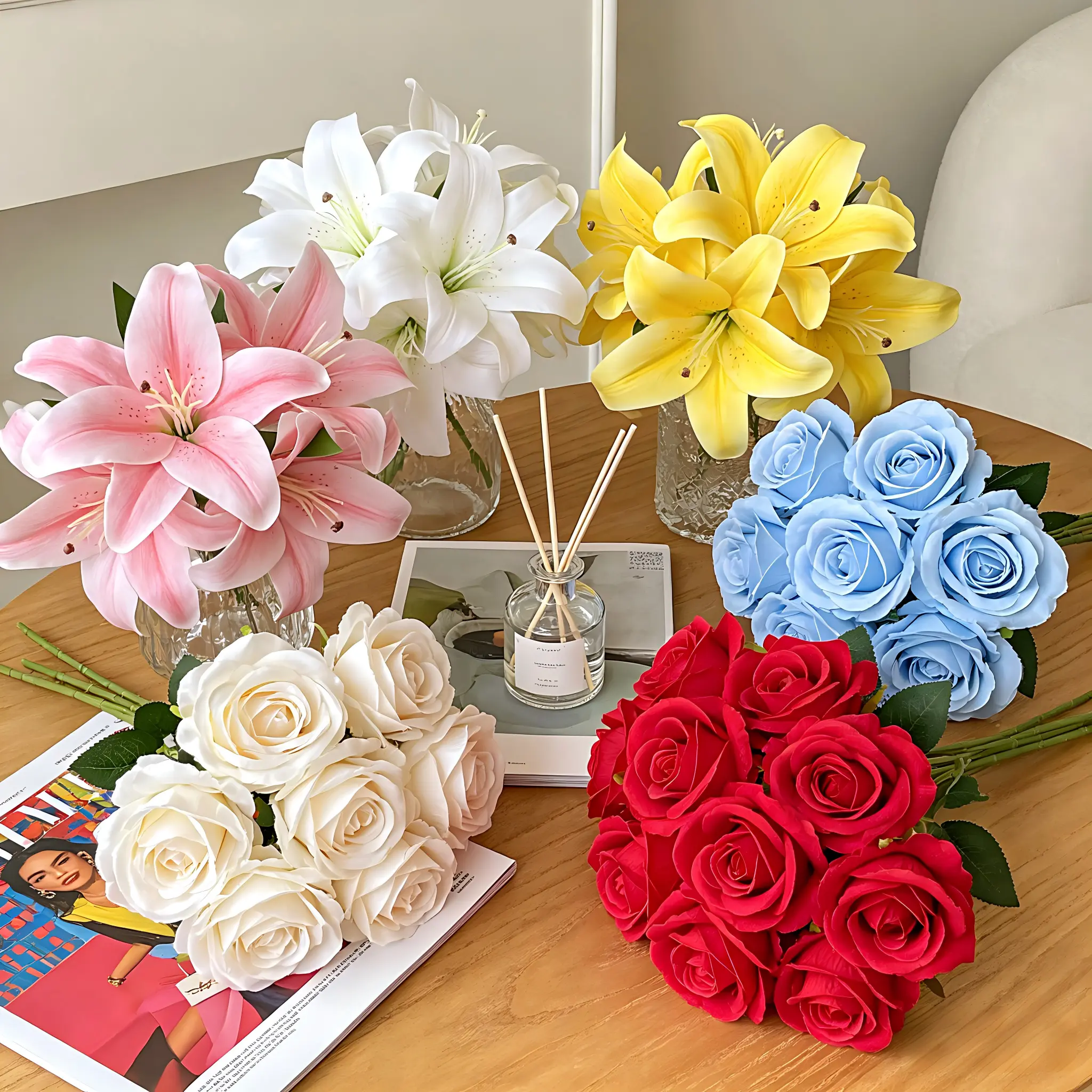 Mother's Day Gift 9 Heads Artificial Lily Rose Bouquet Lifelike Fake Silk Flowers Faux Floral Arrangement for Mom Home Living Room Wedding Party Table Centerpieces Bridal Shower Birthday Anniversary Gift for Her No Water Required Easy Maintenance