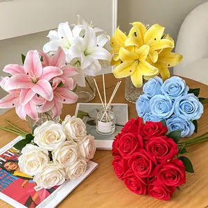 Mother's Day Gift 9 Heads Artificial Lily Rose Bouquet Lifelike Fake Silk Flowers Faux Floral Arrangement for Mom Home Living Room Wedding Party Table Centerpieces Bridal Shower Birthday Anniversary Gift for Her No Water Required Easy Maintenance