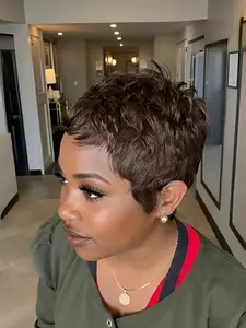 Pixie Cut Human Hair Wigs Burgundy, Machine Made Short Straight Layered Wig for Women, Natural, Daily Party Cosplay Gift Use