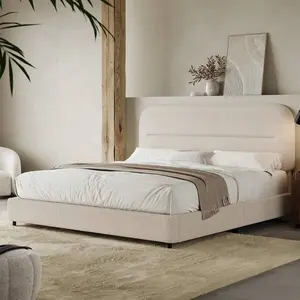 Boucle    Headboard, Modern Upholstered    Curved Edges Design, Soft  , Easy Assembly, Twin/ Full/ Queen/ King, White/ Grey/ Beige/ Light Brown Bed with Frame