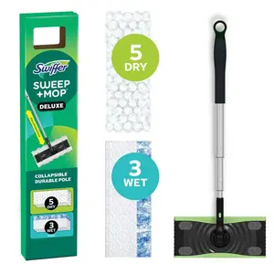 Swiffer Sweep Plus Mop Deluxe 2 in 1 Multi-Surface Floor Cleaning Starter Kit (1-Sweeper, 5-Sweep Cloths, 3-Mop Cloths),, Apartment Mop, Collapsible Mop, Hair Magnet Mop, Hardwood Floor Cleaner, Small Space Cleaning, Baseboard Cleaner, Wet and Dry Mop.