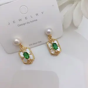 Vintage Court-Style Freshwater Pearl Earrings with S925 Silver Posts, Mother-of-Pearl & Green Zircon Dangle, Elegant Ladies Stud Earrings